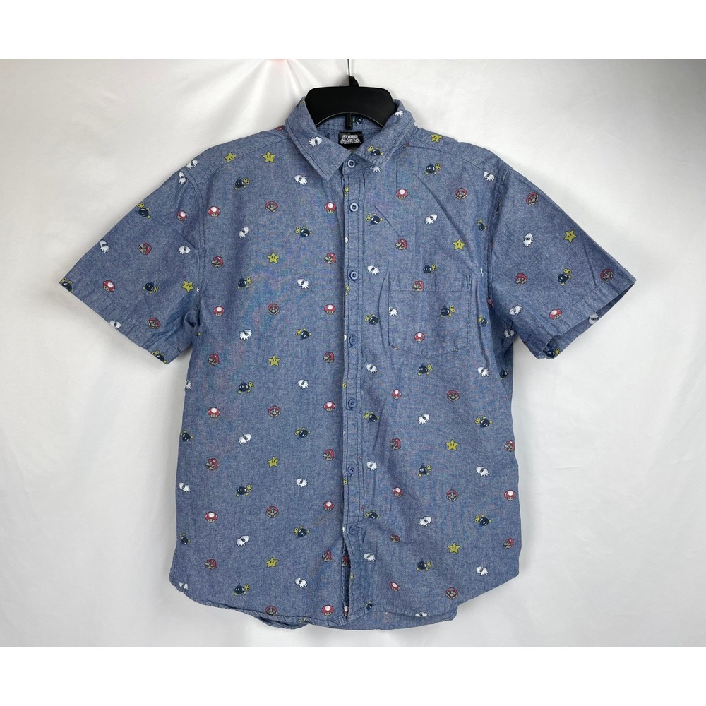 Super Mario Bro Fifth Sun Shirt Men Medium Blue Chambray Button Up Ghost Stars